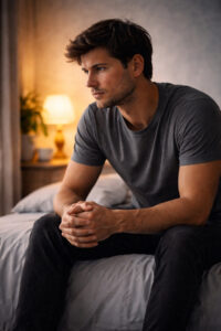 man sitting on a bed, reflecting, intrusive thoughts, room, soft light